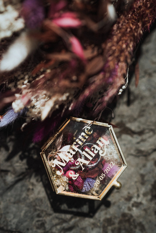 Boite à alliances en verre hexagonale personnalisée Lespimpeurs